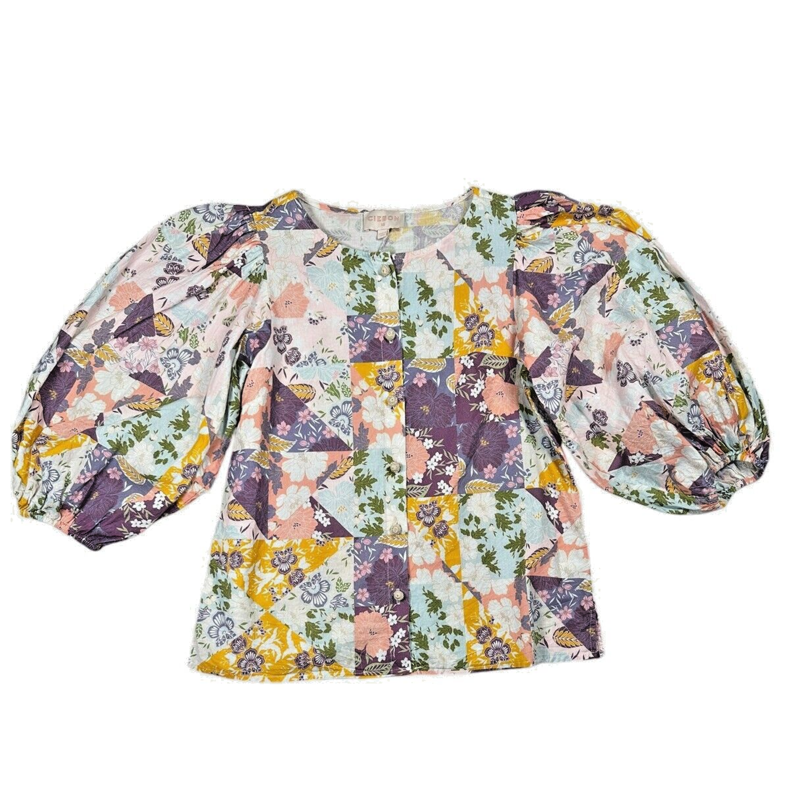 Ciebon XS Pastel Patchwork Puff Sleeve 3/4 Sleeve Button Blouse