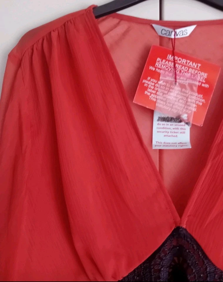 Canvas Coral Orange Long Sleeve Blouse with Black Embroidered Trim (16) - Image 4 of 4