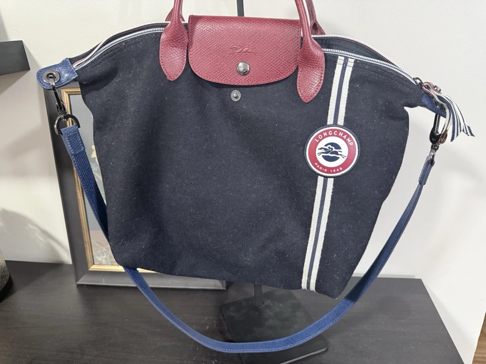 Longchamp Le Pliage Women Flannel Zip Tote Shoulder Crossbody Bag Navy Red - Image 3 of 4