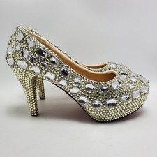Cinderella Crystal Glass Rhinostones Beaded Wedding Heel Shoes Sz 42 Red Bottom
