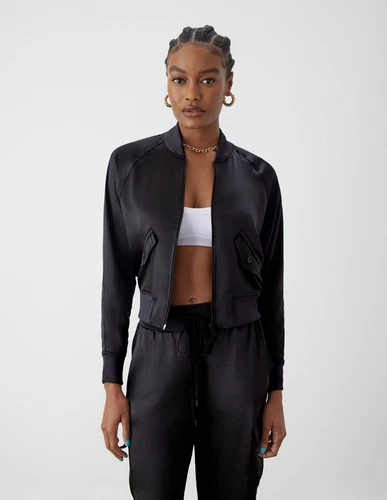 GSTQ Women's Satin Bomber Jacket Black Size Small - Picture 1 of 6