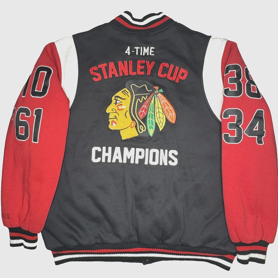 Chicago Blackhawks Jacket Mens XL Black Red NHL Hockey Varsity 4-Time Champions - Image 2 of 4