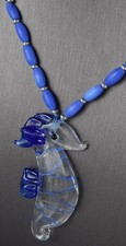 19" Ocean Motif Deep Blue Cat's Eye Seahorse Art Glass Pendant Necklace