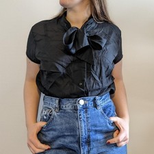 Vintage Women's Tricel Faser Sheer Trad Goth Scarf Collar Button Up Blouse