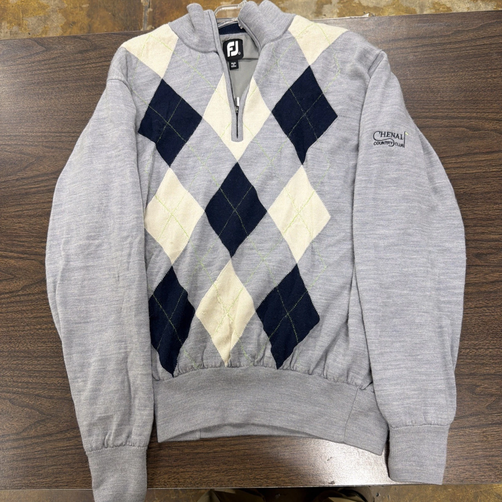 FootJoy Sweater Mens L Gray Argyle 1/4 Zip Wool Knit Golf Mock Neck Pullover
