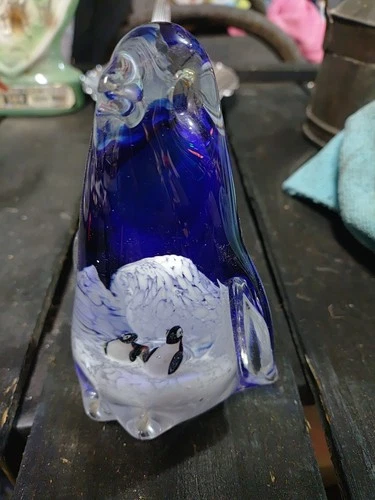 Vintage Murano Style Cobalt Blue Art Glass Penguin Figurine Paperweight 5"