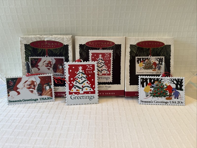 Hallmark Set OF 3 U.S. Christmas Stamps Ornaments, 1993, 1994 & 1995 w/Displays