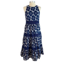 Trina Turk Tiered Midi Dress Size 6 Alana Blue Floral Crochet Lace Resort Boho