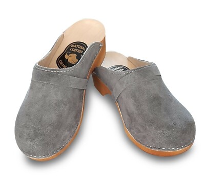 Schweden Holz Clogs Holzschuhe Sandalen Veloursleder Schuhe Grau, Gr. 37 bis 47