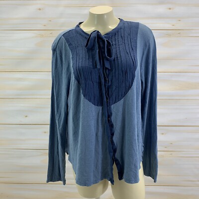 Lucky Brand Shirt XL Blue Linen Blend Tuxedo Pleated LS Tie Neck Button Up B74
