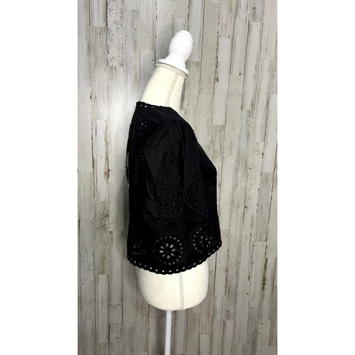 NWT Elie Tahari Women's Small Black Eyelet Lace V-Neck Puff Sleeve Crop Top - Picture 2 of 7