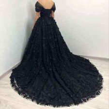 Floral Appliques Black Gothic Wedding Dresses Off The Shoulder A-Line Lace Long 