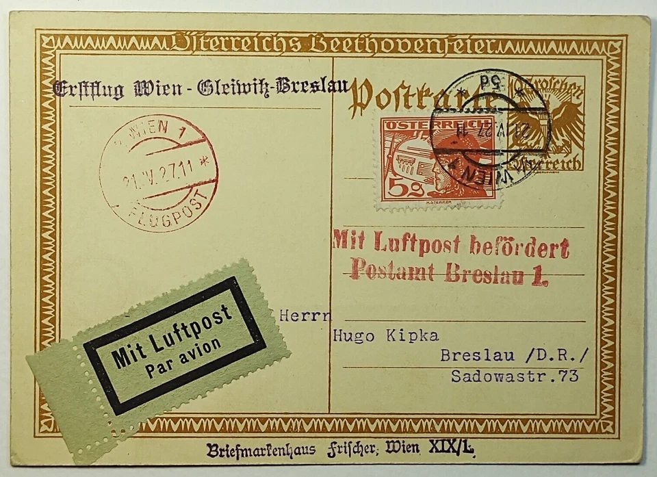 Австрия 1927 первый полет открытка в честь 100-летия. Людвиг ван Бетховен - Изображение 2 из 3