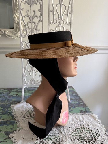 NWT Vintage Wide Brim Straw Hat w/ Bow By Penneys 20” Elegant - Picture 5 of 17