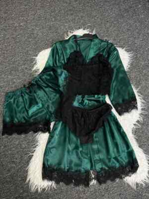 Sexy Damen Nachtwäsche Set, 4-teilig, Spitze & Satin, Top Qualität