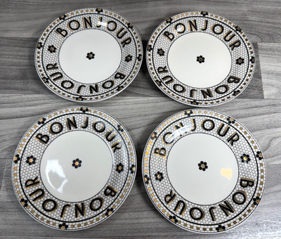 ANTHROPOLOGIE THE BISTRO TILE BONJOUR STONEWARE BREAD / DESSERT 6.5'' PLATE SET 4