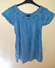 Peacocks Maternity Women’s Blue Denim Off Shoulder Ruffle Short Sleeve Blouse 14