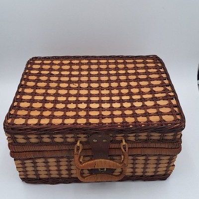 Vintage Wicker Picnic Basket Suitcase Style Storage Box Rectangular Woven