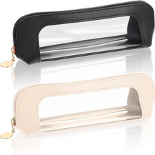 2Pcs PU Leather Makeup Brush Bag, Clear Cosmetic Organizer Pouch