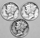 (3) Mercury Dimes - Fine - 1943 1944 1945 - #4625ED