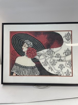 Vintage Art Deco Lady Needlepoint Framed Wall Art Large Hat Red Black 14x18