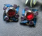 Vintage Unsigned Alice Caviness? Red Blue Purple Rhinestone Clip On Earrings — photo 3