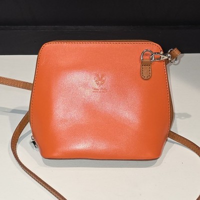 Vera Pelle Italian Leather Dual Zipper Crossbody Orange Small Satchell Purse