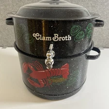Vintage Double Steam Speckled Black Seafood Lobster Steamer Clam Corn Broth Pot