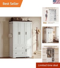Wooden Wardrobe Cabinet - 70.9"H with Hanging Rod