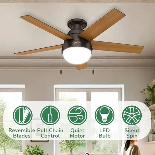 Hunter Anslee 46 Inch Low Profile Ceiling Fan with LED Light and Pull Chain C... - Picture 3 of 15