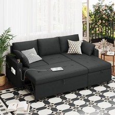 Danrelax 3-in-1 Sleeper Sofa Bed Pull Out Couch w/Chaise USB Cup Holder Black
