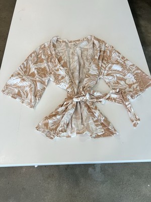 Billabong Sweet Summer Kimono Wrap Top Tan White Tropical Palm Small Medium S M