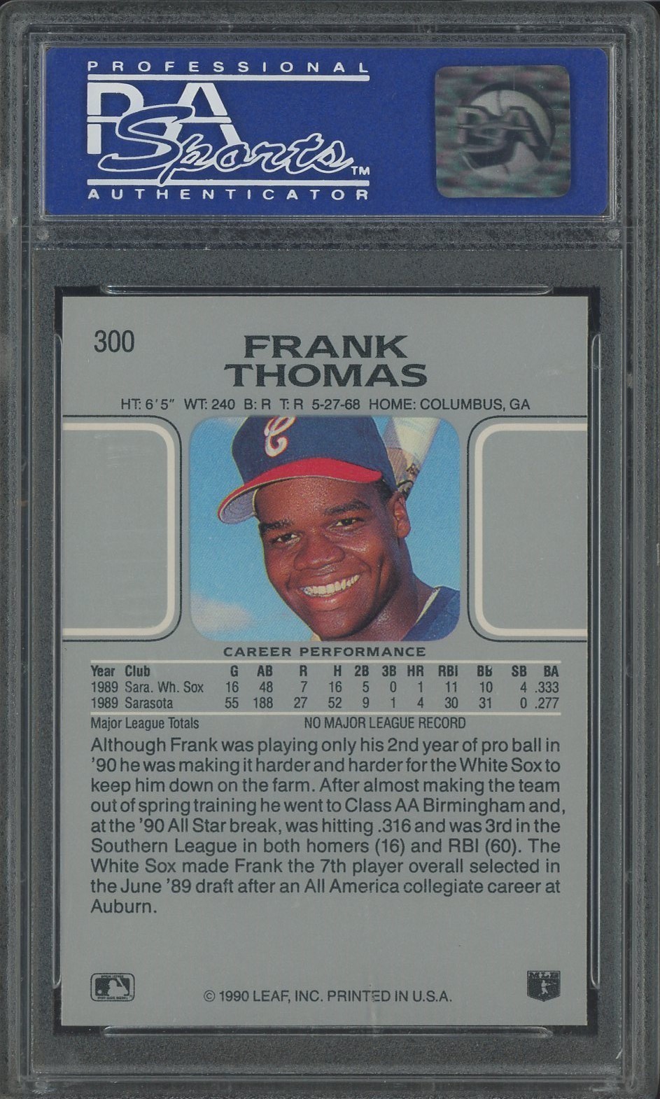 1990 Leaf #300 Frank Thomas Chicago White Sox RC Rookie HOF PSA 9 MINT view 2