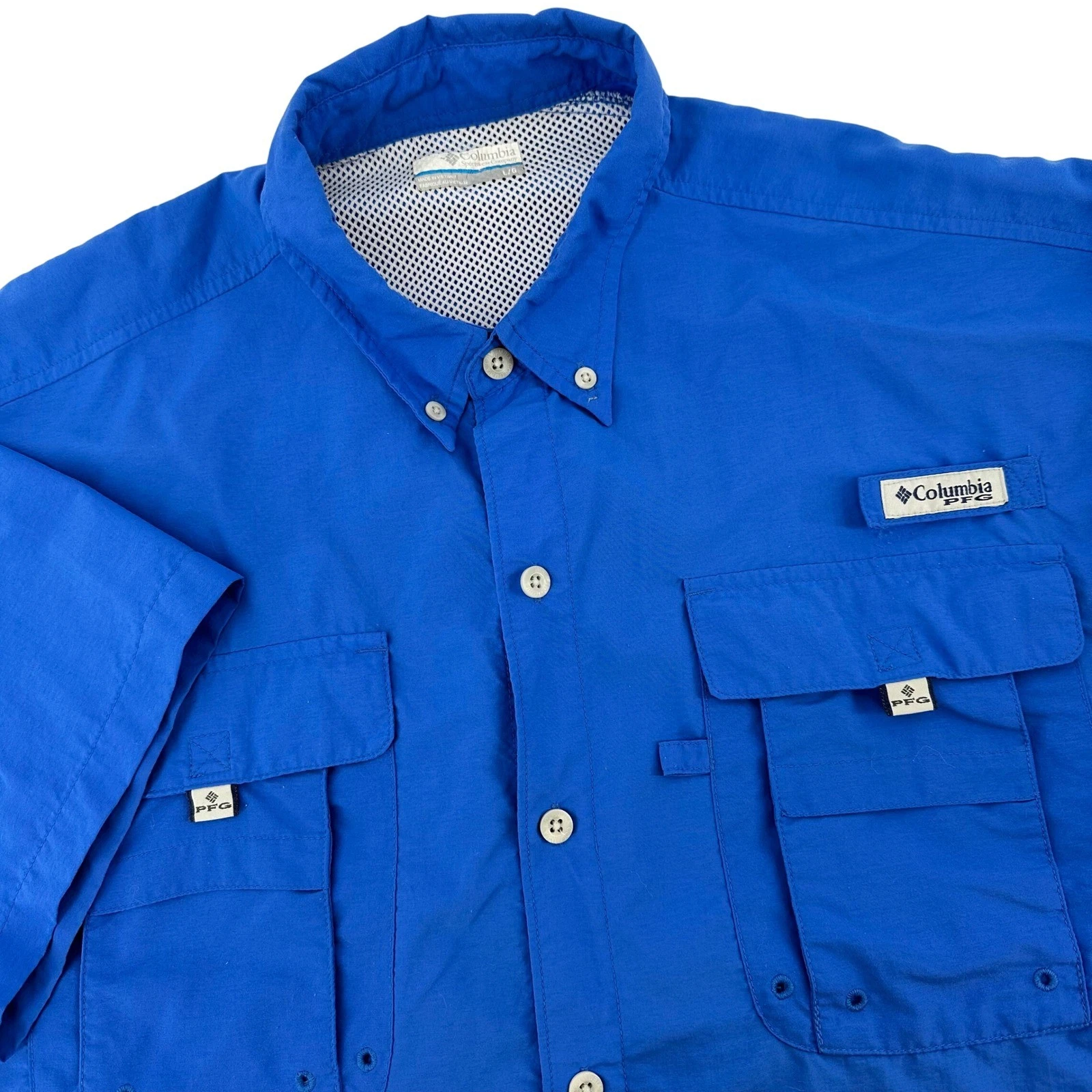 Columbia PFG Mens Blue Short Sleeve Fishing Shirt Omni-Shade Large Tactel Nylon