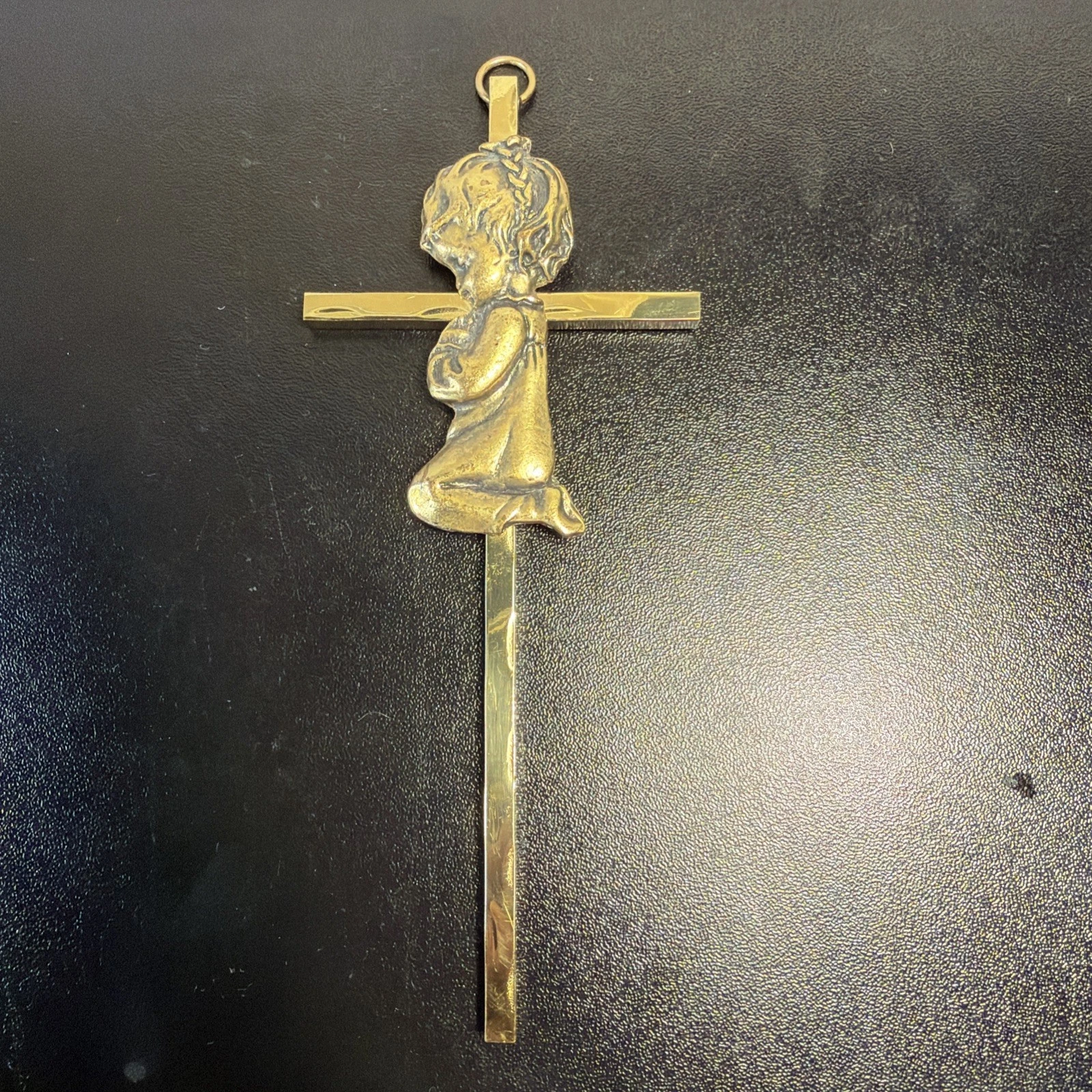 VTG Brass Praying Girl Wall Cross 6" Pewter Metal Figure Baptism Gift Nursery