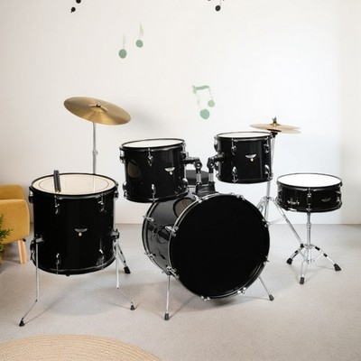 5-Piece Full Size Adult Beginner Drum Kit - Cymbal Pedal Stool Sticks Black