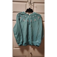 Blair Women's Teal Floral Print 90's Cottage Core Qtr-Zip Sweatshirt Large