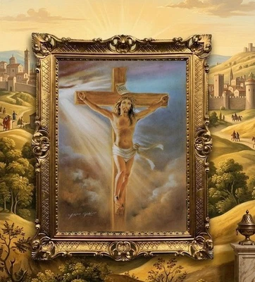 Wunderschönes Gemälde 70x90cm Jesus Christus Kreuzigung Crocifissione C. Parisi  - Bild 1 von 4