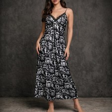 Adonna Maxi Slip Dress L Satin Lace Trim Black Scroll Dark Romantic Whimsigoth