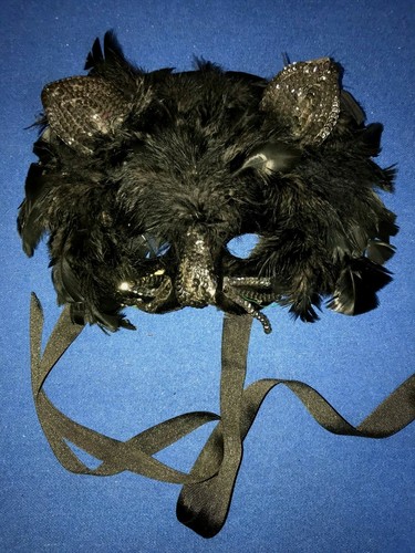 Damen oder Herren SCHWARZE FEDERN GROSSE AUGENMASKE HALLOWEEN PAILLETTEN SCHNURRHAARE OHREN EINHEITSGRÖSSE