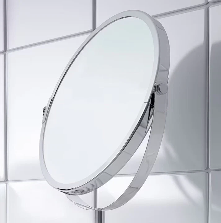 IKEA SHAVING MIRROR Stainless Steel Free Standing Round Magnifying 2 Sided - NEW