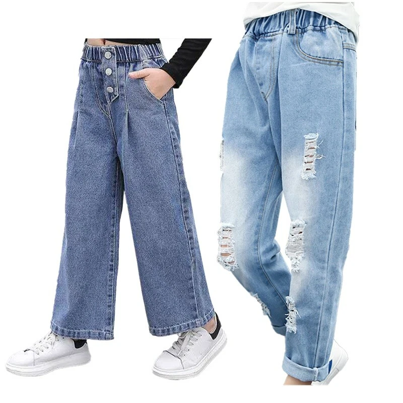 Kids Girls Stylish Jeans Elastic Waistband Pockets Denim Pants Casual Trousers