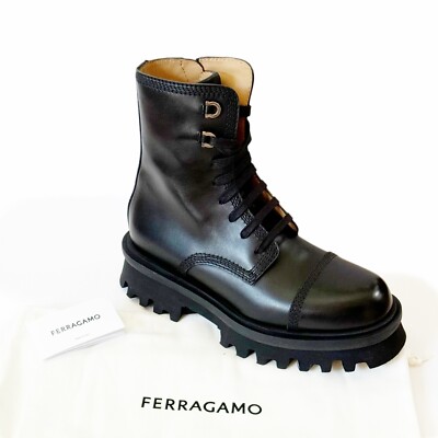 FERRAGAMO Mens FARAWAY 12 M Black Leather Combat Gancini Boots