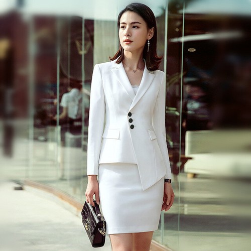Elegante Tailleur completo donna bianco giacca manica lunga gonna 4915 |  eBay