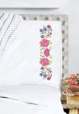 Design Works Stamped Kit Pillowcases, Peony Floral - NEW