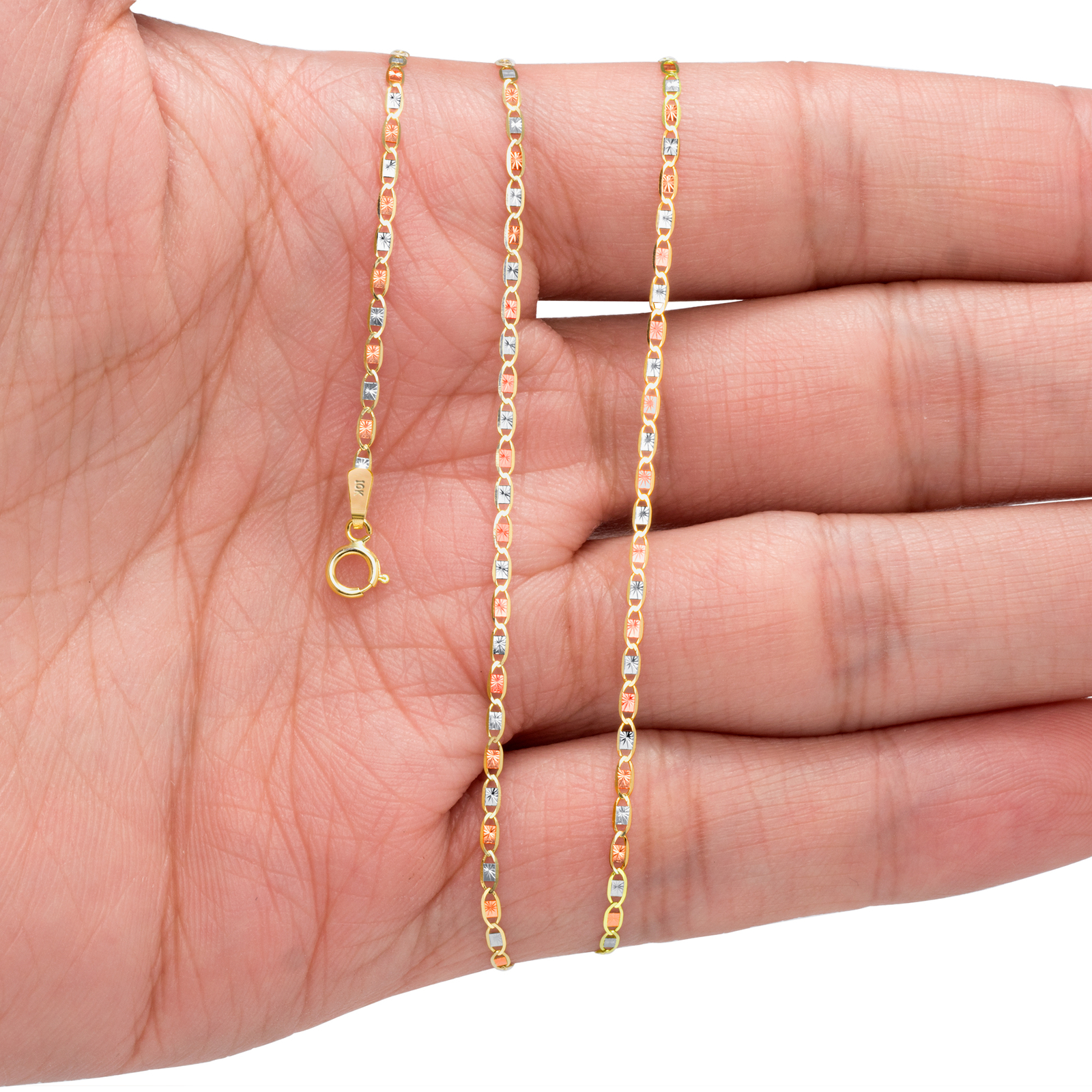 10K Solid Tri Yellow Rose White Gold Thin 1.5mm Valentino Chain