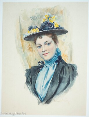 Beautiful Antique E Leon Durand Watercolor Painting Female Portrait Flowers DM14