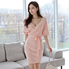 Women Sweet Pink V-Neck Knitted Dress Summer Lady Date Sexy Waist Lace-Up Dress