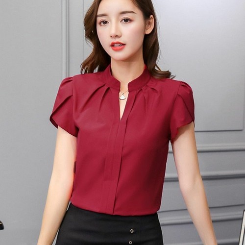 Women Summer Chiffon Blouse Short Sleeve Red Ladies Office Ladies Shirts  Work To | eBay