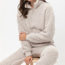 Women's Comfy Grey white sherpa fur teddy bear 2 piece loungewear set